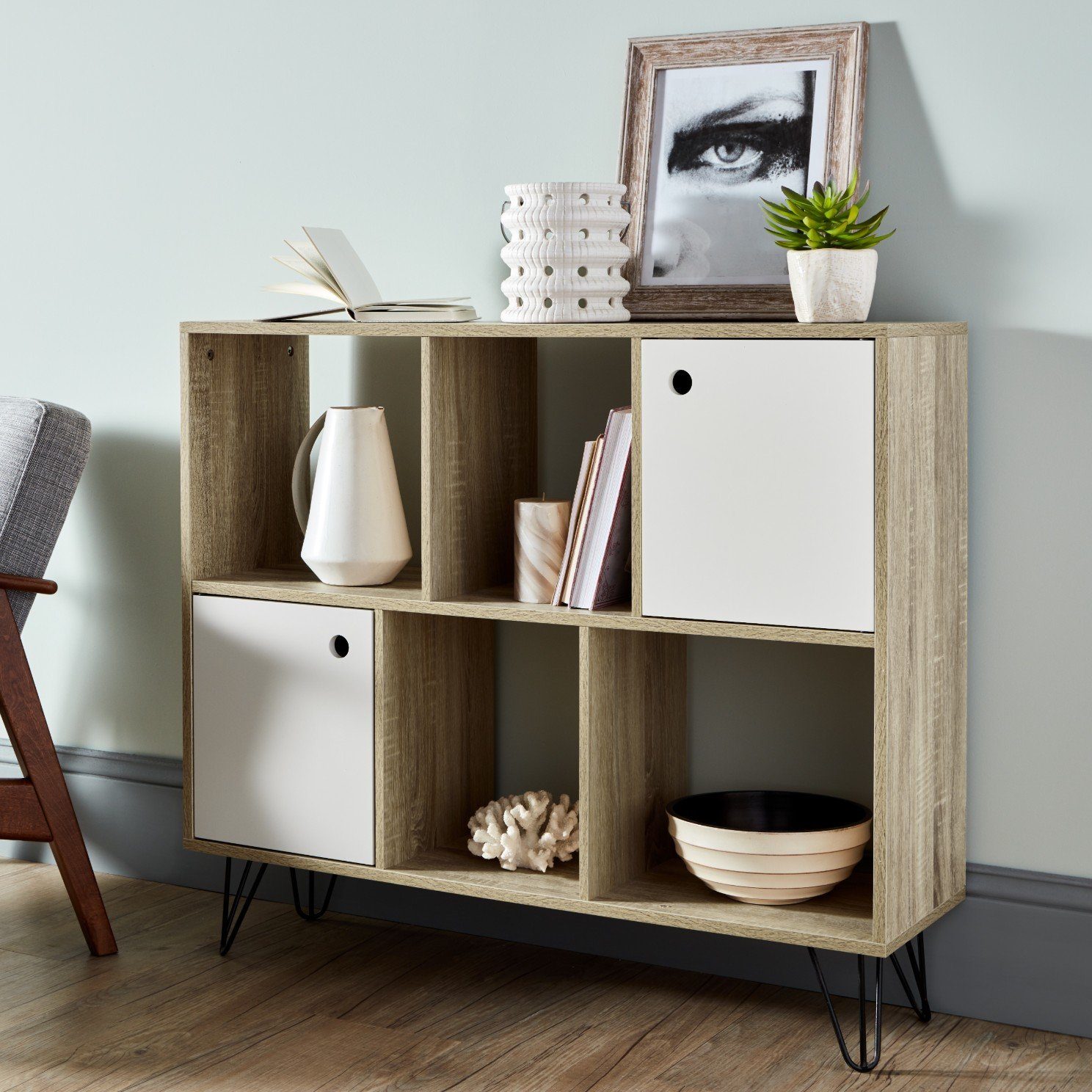 Étagère de rangement Anderson - Effet Chêne avec Rangements Blancs