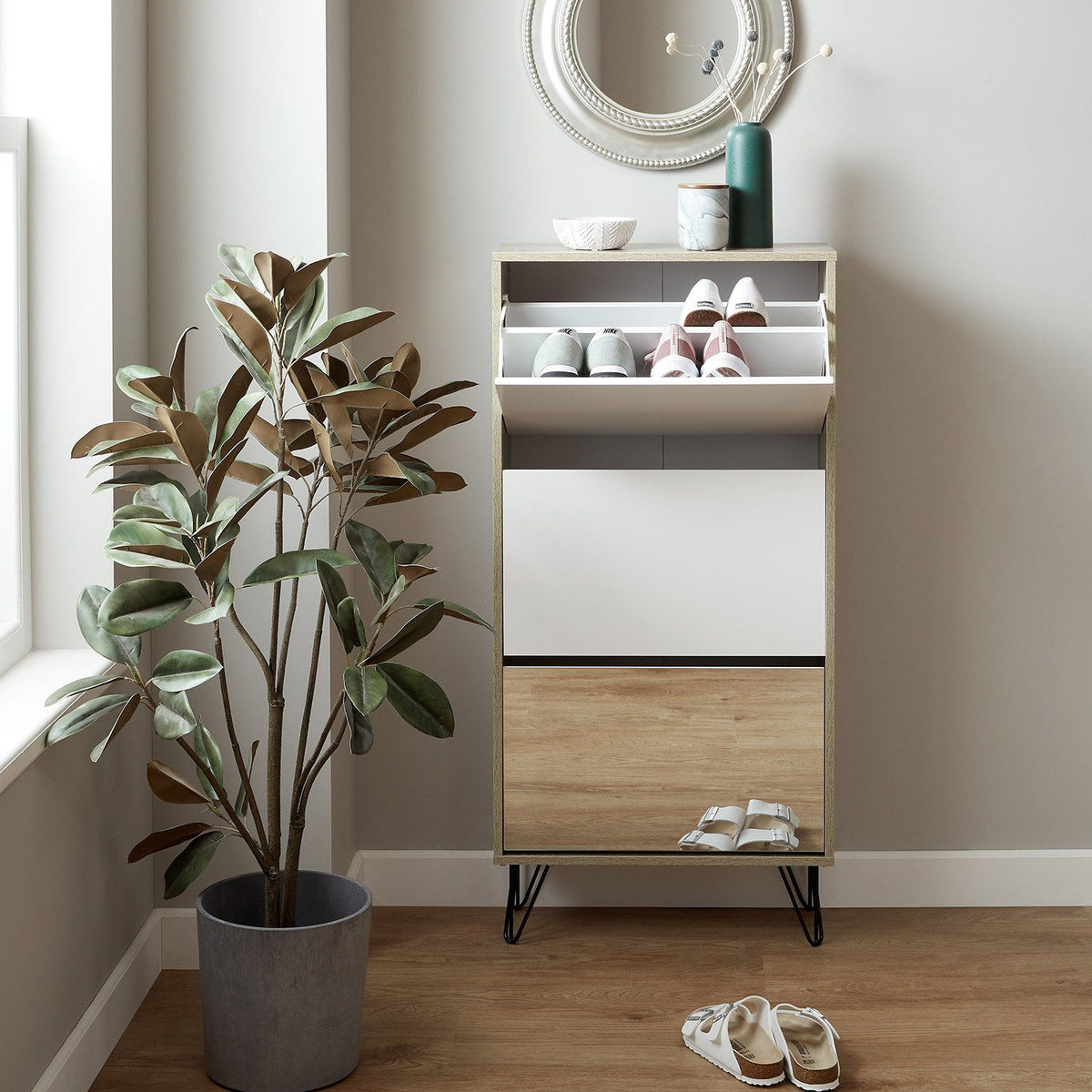 Anderson - Meuble à Chaussures - 3 portes - effet chêne et blanc - laura james