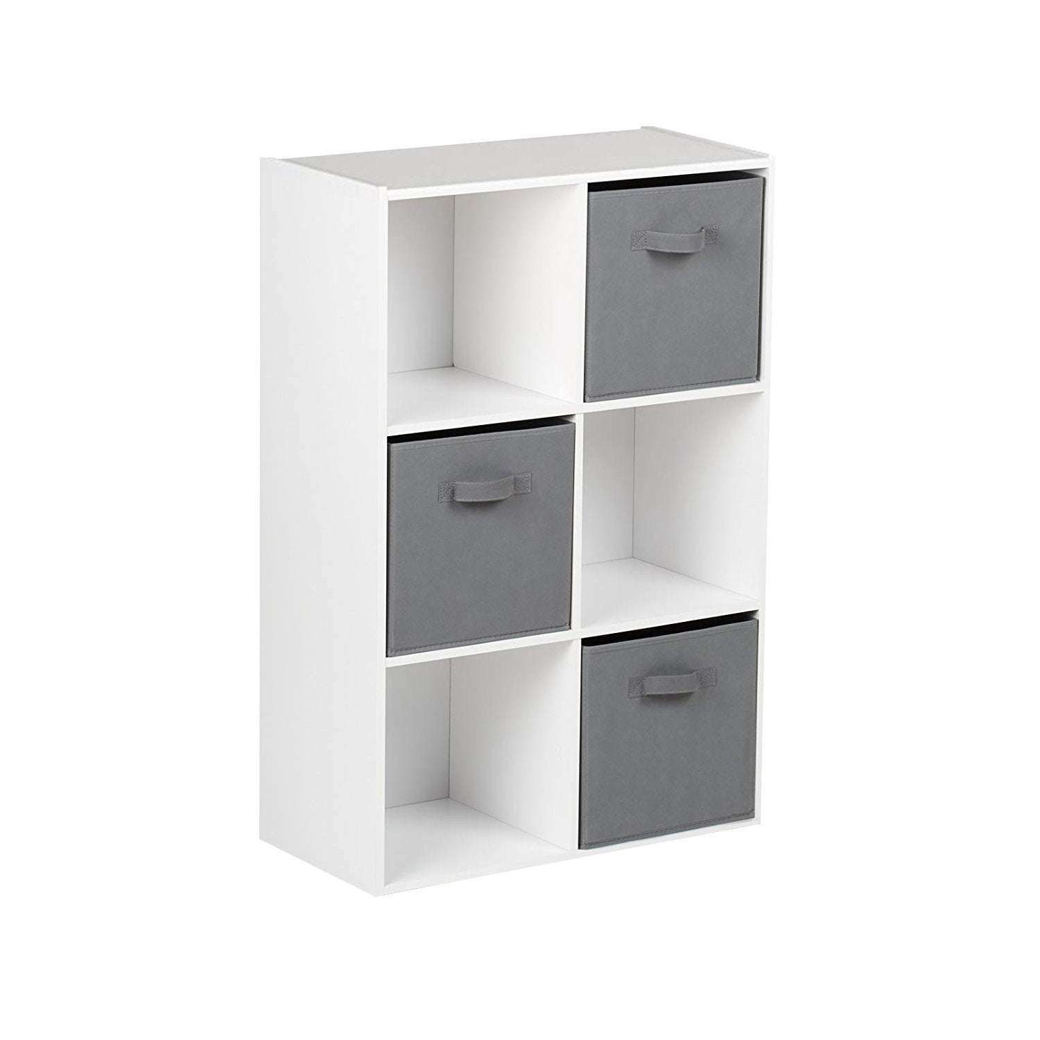 Bibliothèque en Bois Blanche 6 Compartiments et Tiroirs en Tissus Pliables (Tiroir Gris) - Laura James