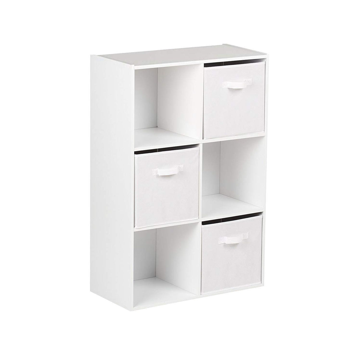 Bibliothèque en Bois Blanche 6 Compartiments et Tiroirs en Tissus Pliables (Tiroir Blanc) - Laura James