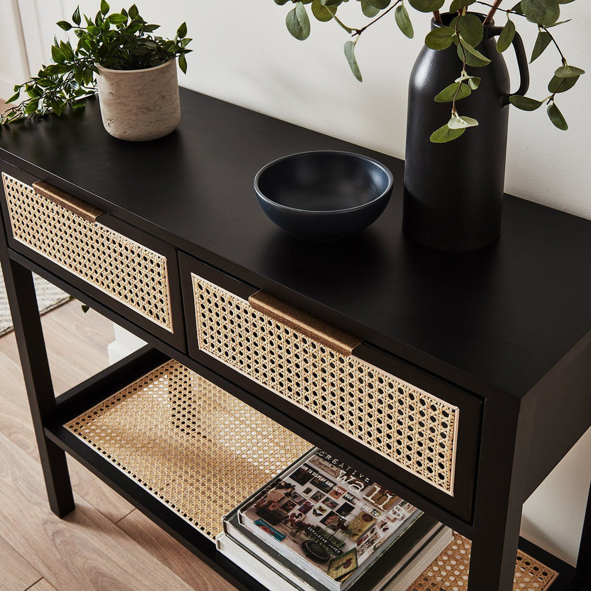 Charlie - Table Console - Tiroirs en Cannage - Noir - laura james