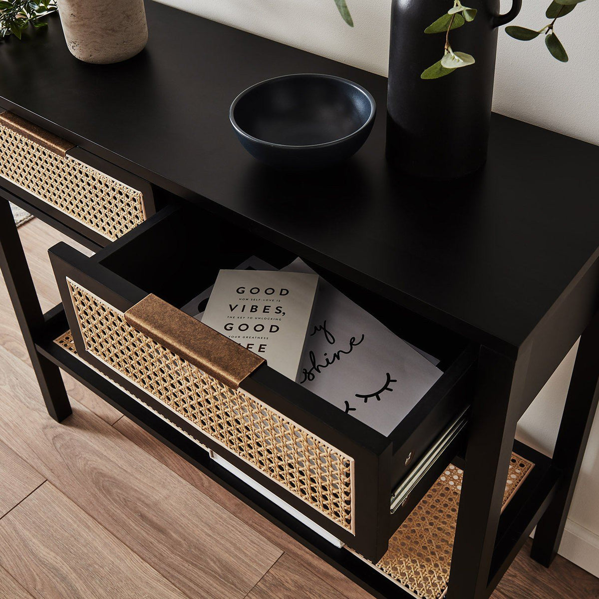 Charlie - Table Console - Tiroirs en Cannage - Noir - laura james