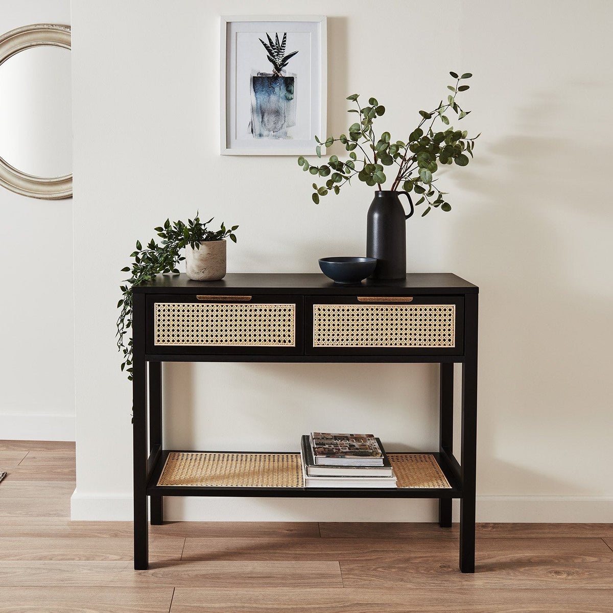 Charlie - Table Console - Tiroirs en Cannage - Noir - laura james