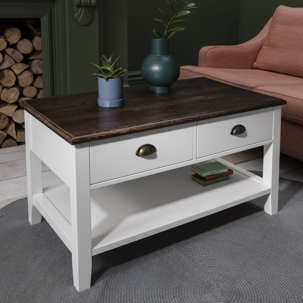 Table basse en bois blanche avec 2 tiroirs de rangement