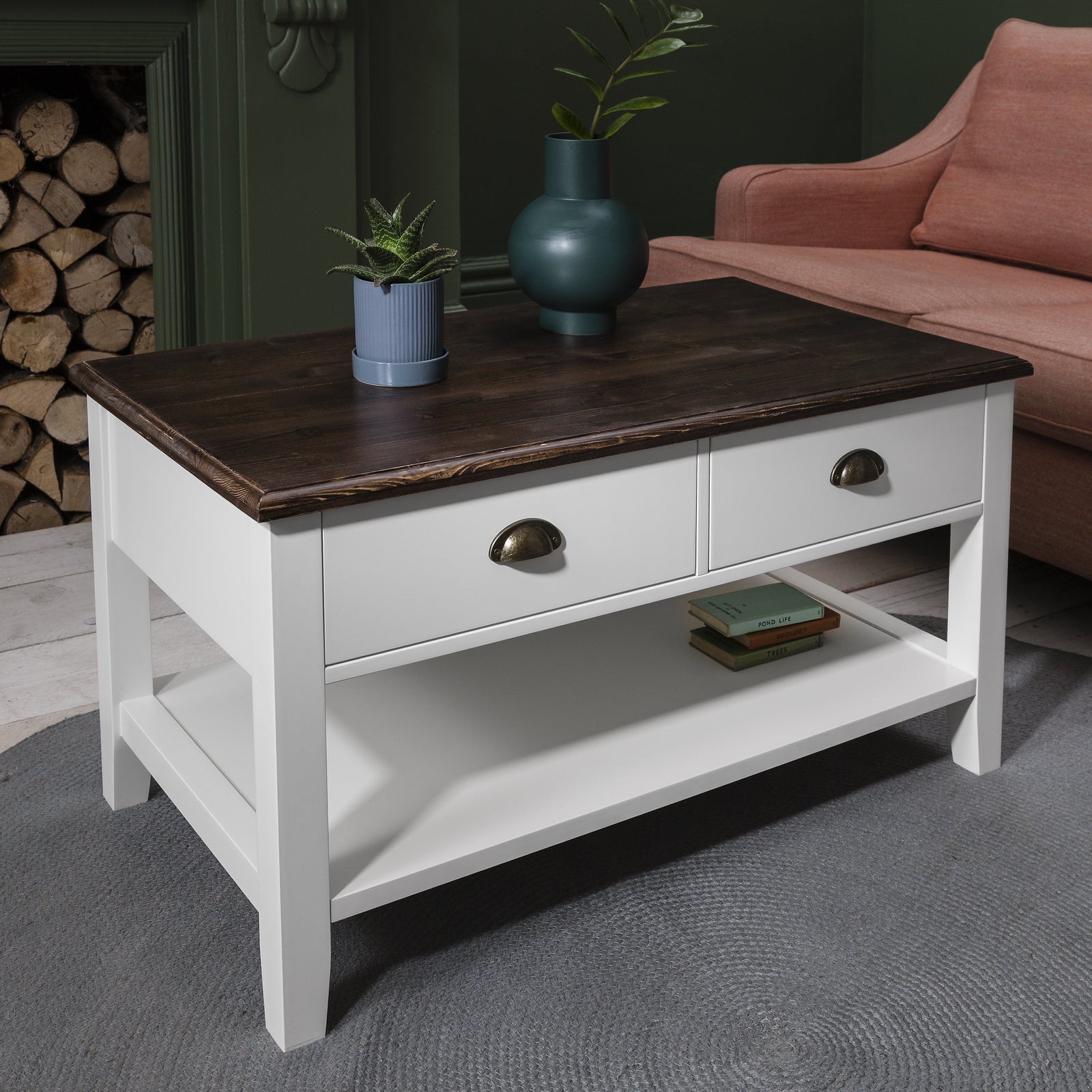 Table basse en bois blanche avec 2 tiroirs de rangement