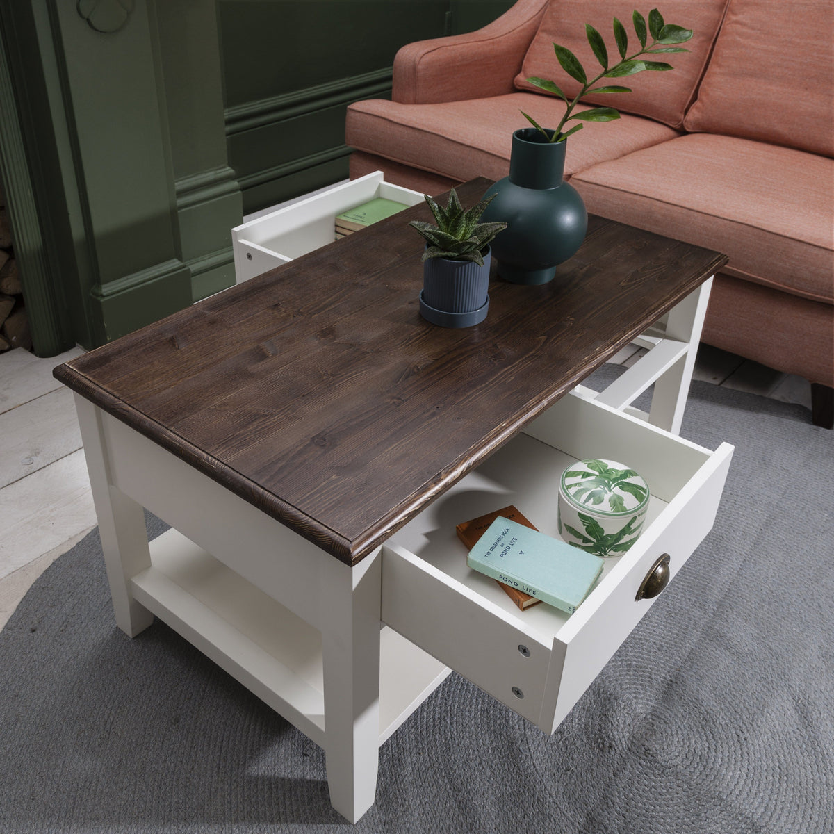 Table basse en bois blanche avec 2 tiroirs de rangement