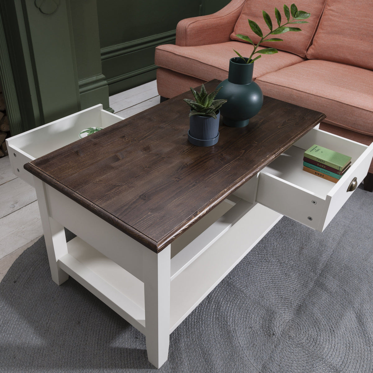 Table basse en bois blanche avec 2 tiroirs de rangement