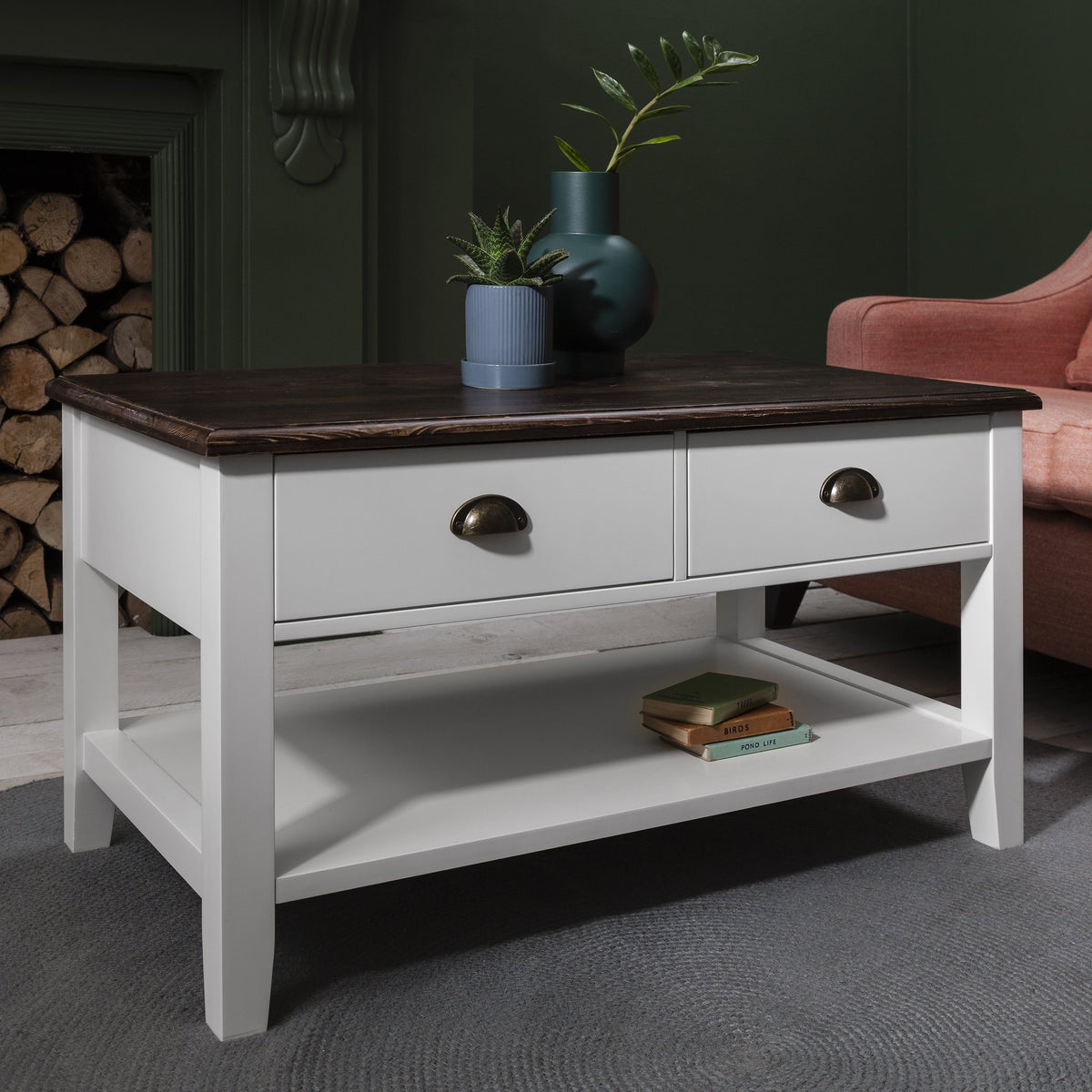 Table basse en bois blanche avec 2 tiroirs de rangement