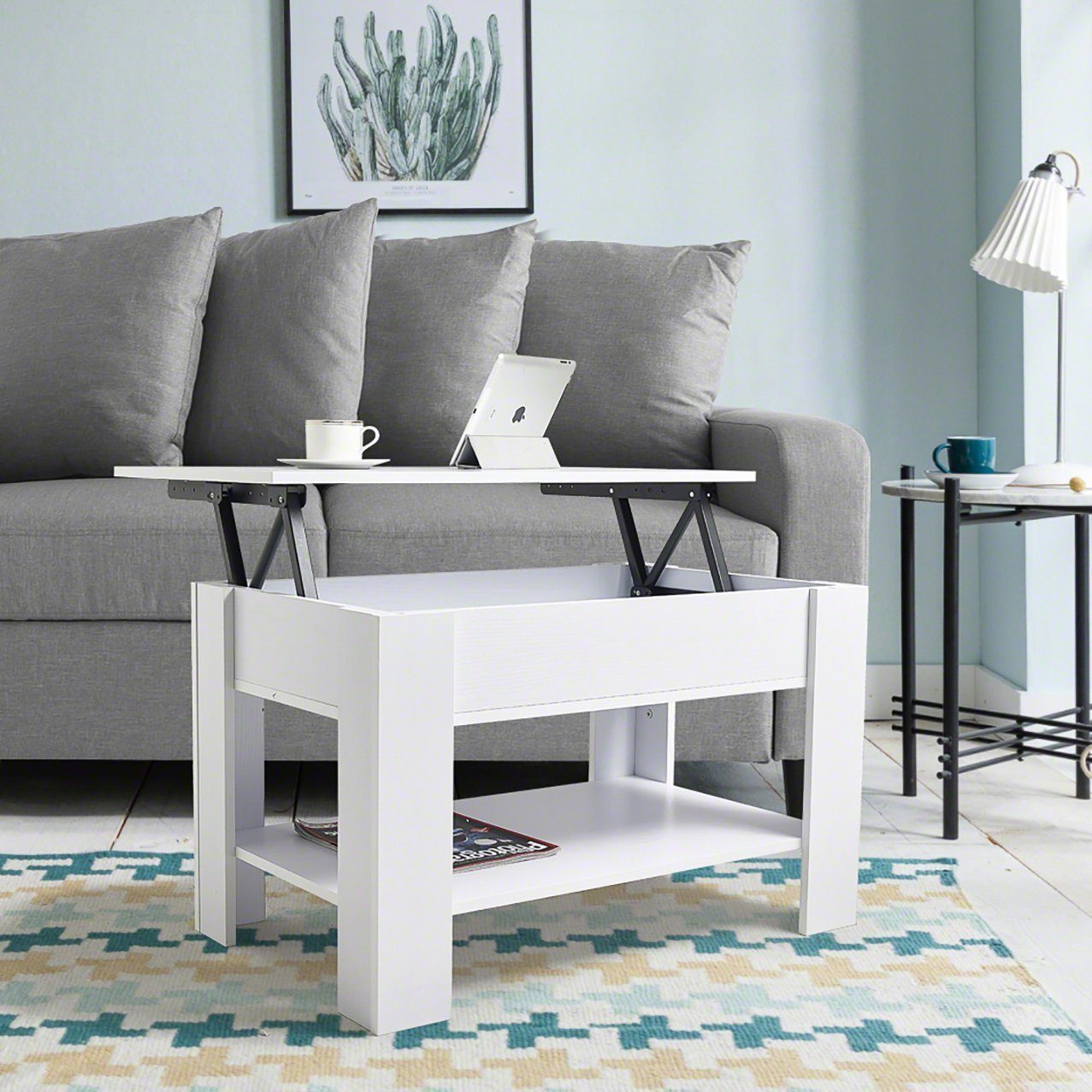 Table Basse avec Plateau Relevable et Etag¨¨re - Blanc - Laura James